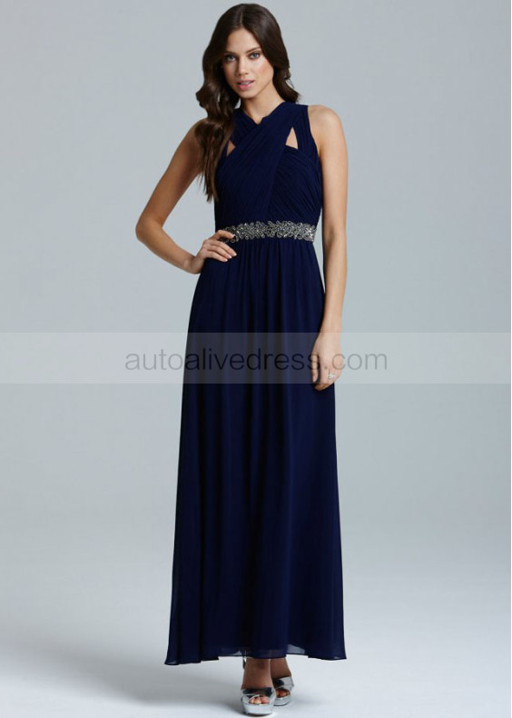 Navy Blue Chiffon Beads Cross Neckline Long Prom Dress